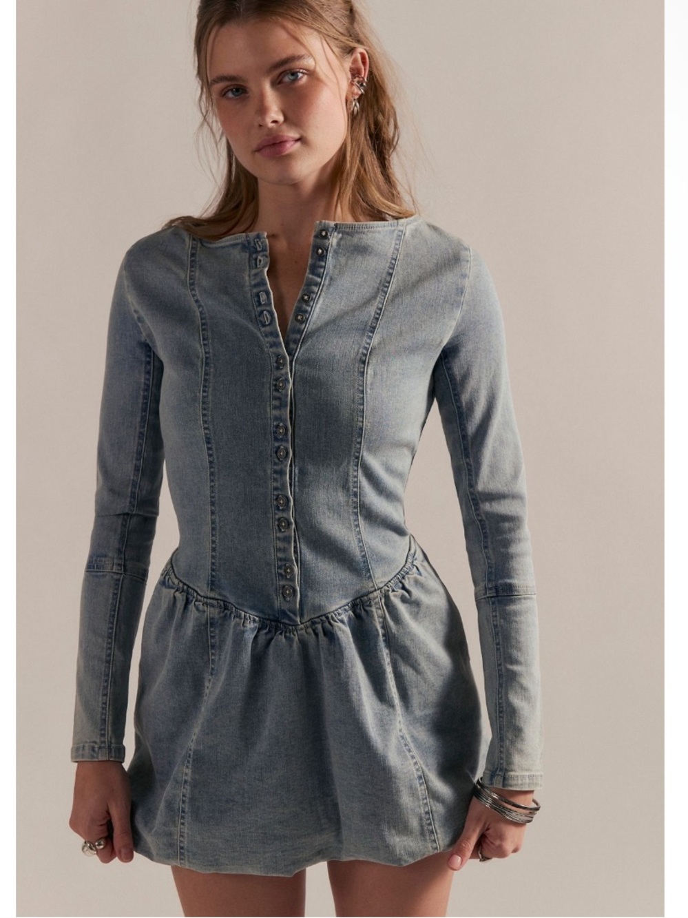 Free People We The Free Kent Bubble Hem Long Sleeve Denim Mini Dress size large